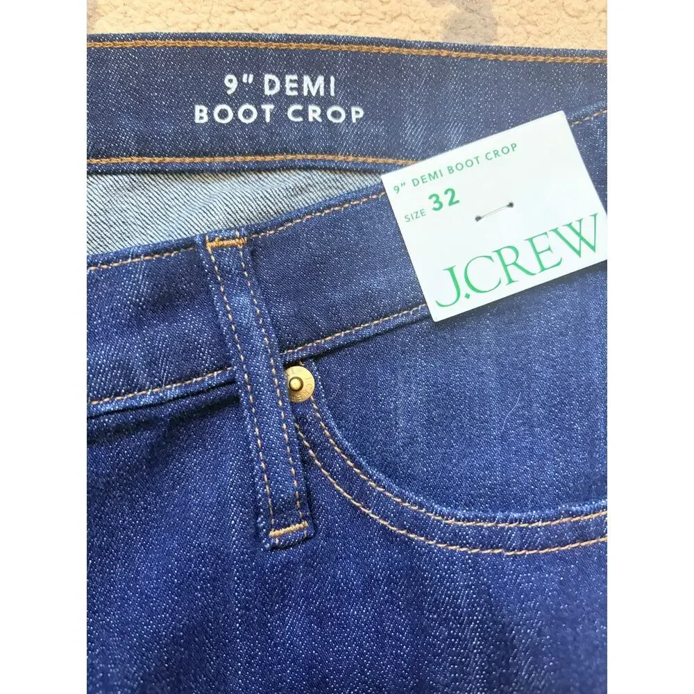 J.Crew 9” Demi Boot Crop Jeans NWT 32 Dark Worn Wash Mid Rise BT563